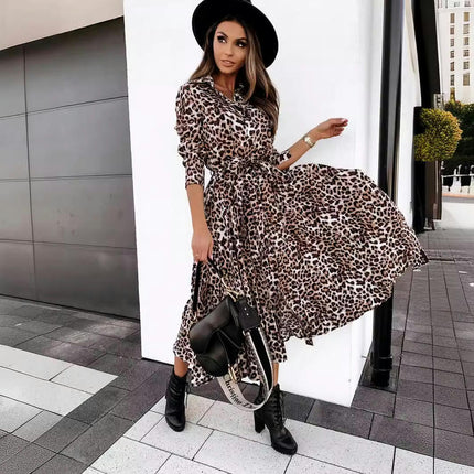 Women's Long Sleeves Button up Tie Waist Printed Shirt Dress