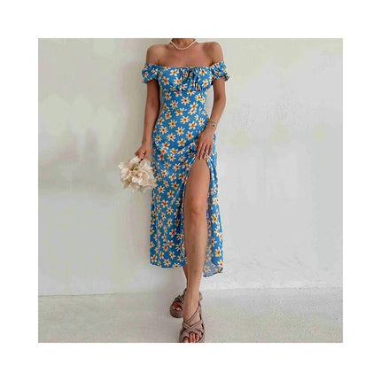 Women's Boho Floral Print Off Shoulder Short Sleeve Split Maxi Dress