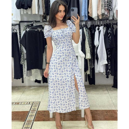 Women's Boho Floral Print Off Shoulder Short Sleeve Split Maxi Dress