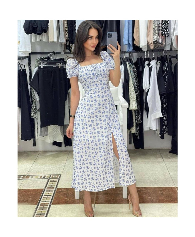 Women's Boho Floral Print Off Shoulder Short Sleeve Split Maxi Dress