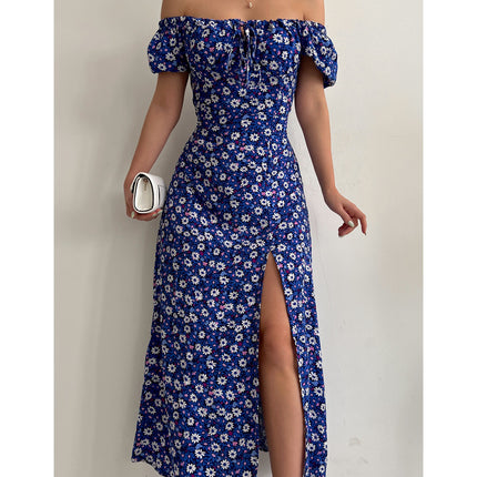 Women's Boho Floral Print Off Shoulder Short Sleeve Split Maxi Dress