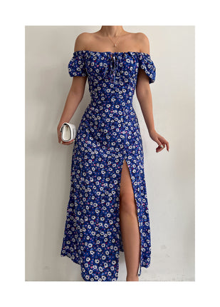 Women's Boho Floral Print Off Shoulder Short Sleeve Split Maxi Dress