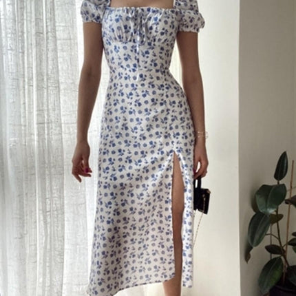 Women's Boho Floral Print Off Shoulder Short Sleeve Split Maxi Dress