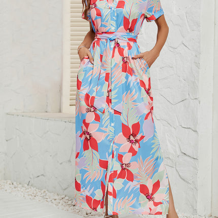 Women's Short Sleeves Button up Tie Waist Printed Shirt Maxi Dress