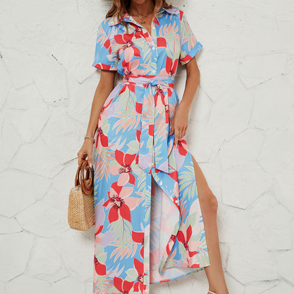 Women's Short Sleeves Button up Tie Waist Printed Shirt Maxi Dress