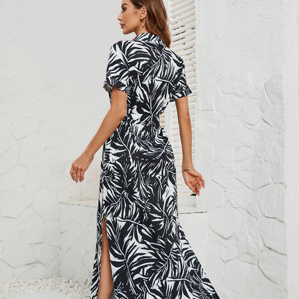 Women's Short Sleeves Button up Tie Waist Printed Shirt Maxi Dress