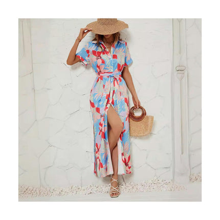 Women's Short Sleeves Button up Tie Waist Printed Shirt Maxi Dress