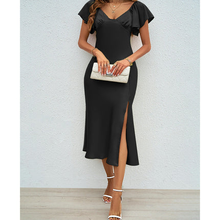 Women Satin V Neck Short Sleeve Slit Sexy Party Midi Dress