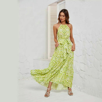 Women's Sleeveless Halter Neck Tie Waist Floral Print Maxi Dress