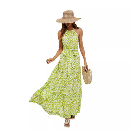 Women's Sleeveless Halter Neck Tie Waist Floral Print Maxi Dress