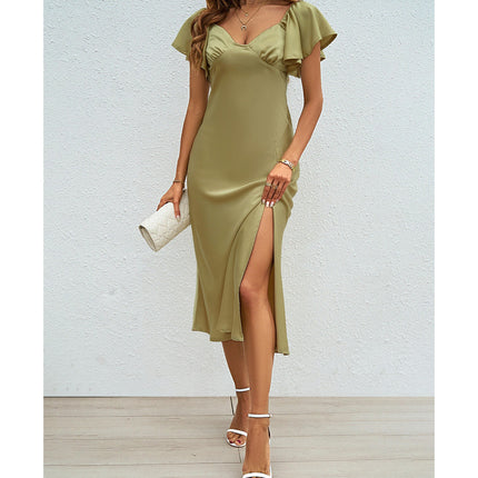 Women Satin V Neck Short Sleeve Slit Sexy Party Midi Dress