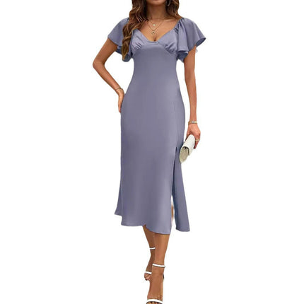 Women Satin V Neck Short Sleeve Slit Sexy Party Midi Dress