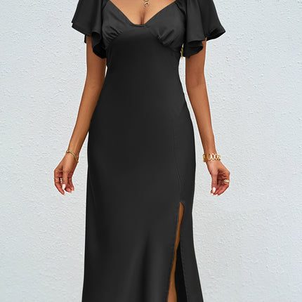 Women Satin V Neck Short Sleeve Slit Sexy Party Midi Dress