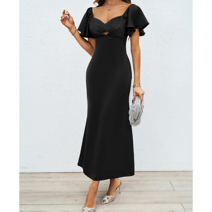 Women's Satin Dress Elegant Deep V Neck Short Sleeve Party Maxi Dresses