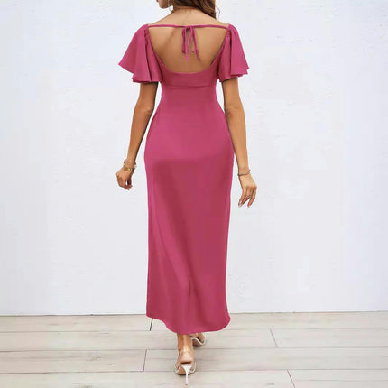 Women's Satin Dress Elegant Deep V Neck Short Sleeve Party Maxi Dresses