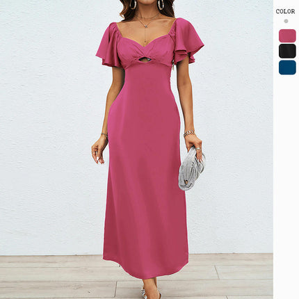 Women's Satin Dress Elegant Deep V Neck Short Sleeve Party Maxi Dresses