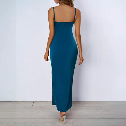 Women's Satin Spaghetti Strap Deep V Neck Slit Party Maxi Dress