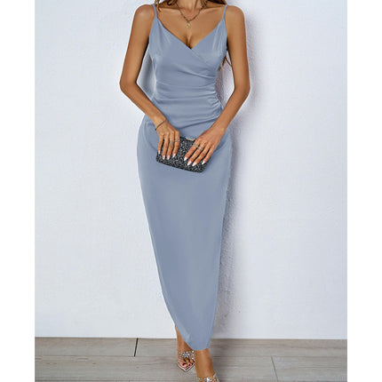 Women's Satin Spaghetti Strap Deep V Neck Slit Party Maxi Dress