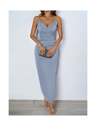 Women's Satin Spaghetti Strap Deep V Neck Slit Party Maxi Dress