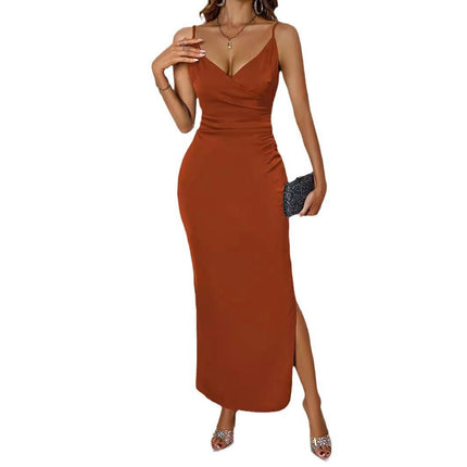 Women's Satin Spaghetti Strap Deep V Neck Slit Party Maxi Dress