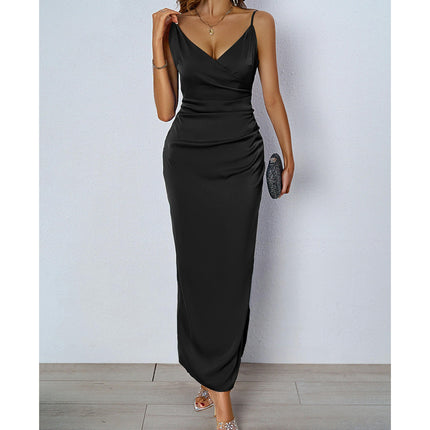 Women's Satin Spaghetti Strap Deep V Neck Slit Party Maxi Dress