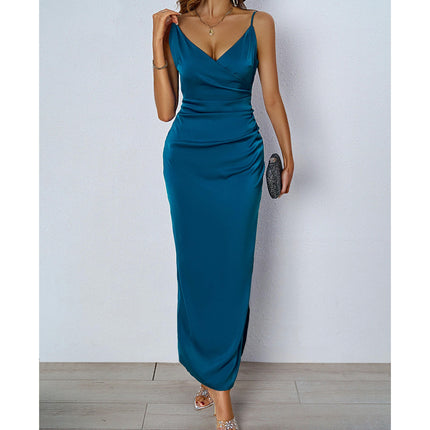 Women's Satin Spaghetti Strap Deep V Neck Slit Party Maxi Dress