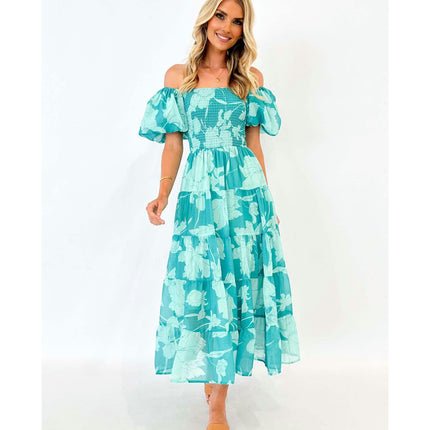 Women's Boho Floral Print Off Shoulder Puff Sleeve Smocked A Line Flowy Maxi Dress