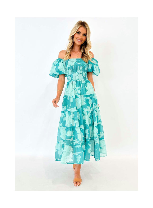 Women's Boho Floral Print Off Shoulder Puff Sleeve Smocked A Line Flowy Maxi Dress