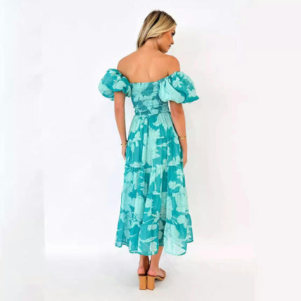 Women's Boho Floral Print Off Shoulder Puff Sleeve Smocked A Line Flowy Maxi Dress