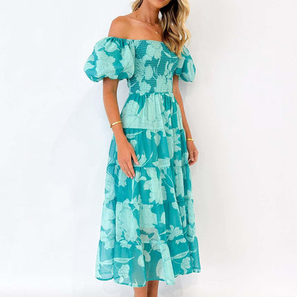 Women's Boho Floral Print Off Shoulder Puff Sleeve Smocked A Line Flowy Maxi Dress