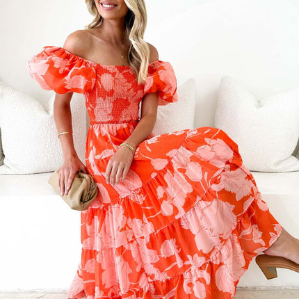 Women's Boho Floral Print Off Shoulder Puff Sleeve Smocked A Line Flowy Maxi Dress