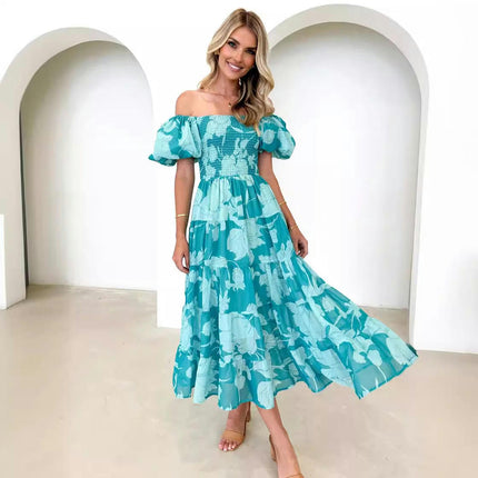 Women's Boho Floral Print Off Shoulder Puff Sleeve Smocked A Line Flowy Maxi Dress