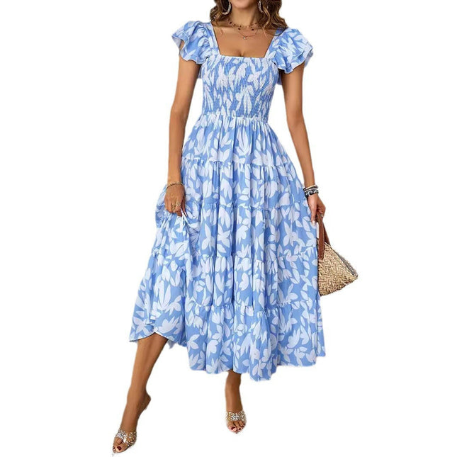 Womens Summer Short Sleeve Square Neck Smocked Boho Flowy A Line Long Dresses