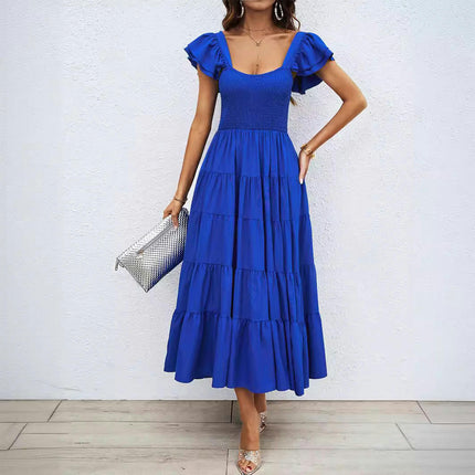 Womens Summer Short Sleeve Square Neck Smocked Boho Flowy A Line Long Dresses