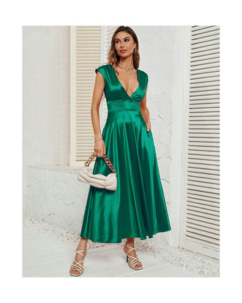 Women's Satin Dress Elegant Deep V Neck Short Sleeve A-Line Maxi Dresses