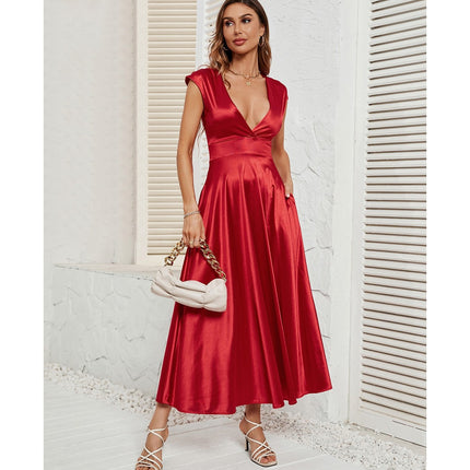 Women's Satin Dress Elegant Deep V Neck Short Sleeve A-Line Maxi Dresses