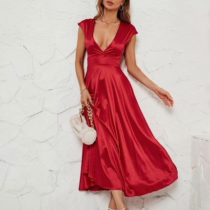 Women's Satin Dress Elegant Deep V Neck Short Sleeve A-Line Maxi Dresses