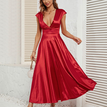 Women's Satin Dress Elegant Deep V Neck Short Sleeve A-Line Maxi Dresses