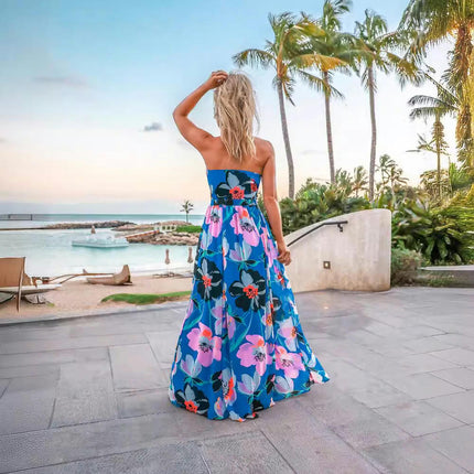 Women's Summer Sleeveless Halter V Neck Backless Boho Floral A Line Maxi Dress