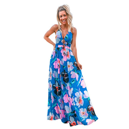 Women's Summer Sleeveless Halter V Neck Backless Boho Floral A Line Maxi Dress