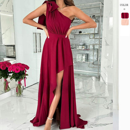 Women's Summer One Shoulder Long Formal Dresses Sleeveless Ruched Flowy Slit Maxi Dress