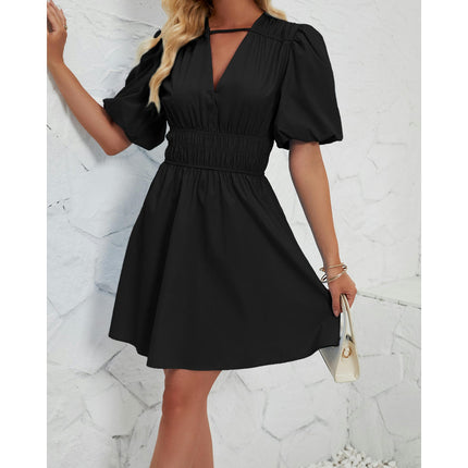 Women's Summer Short Sleeve Mini Dress Deep V Neck A Line Dress