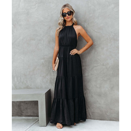 Women Halter Neck Sleeveless Backless Tiered Ruffle Boho Beach Long Dress