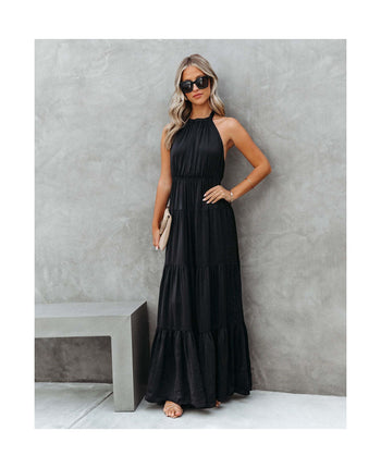 Women Halter Neck Sleeveless Backless Tiered Ruffle Boho Beach Long Dress