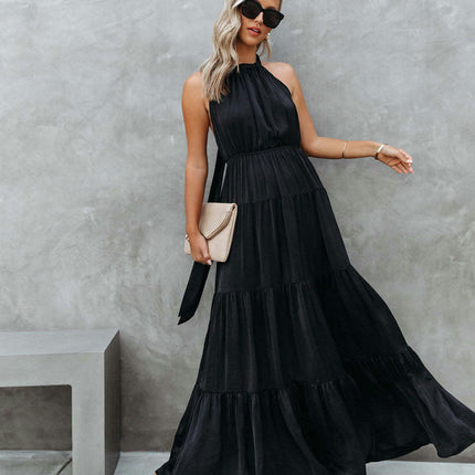 Women Halter Neck Sleeveless Backless Tiered Ruffle Boho Beach Long Dress