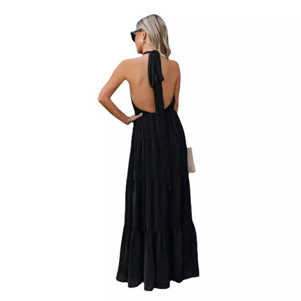 Women Halter Neck Sleeveless Backless Tiered Ruffle Boho Beach Long Dress