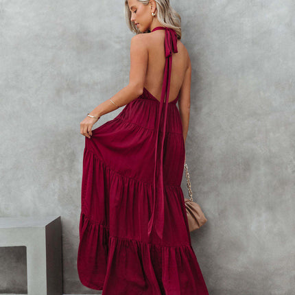 Women Halter Neck Sleeveless Backless Tiered Ruffle Boho Beach Long Dress