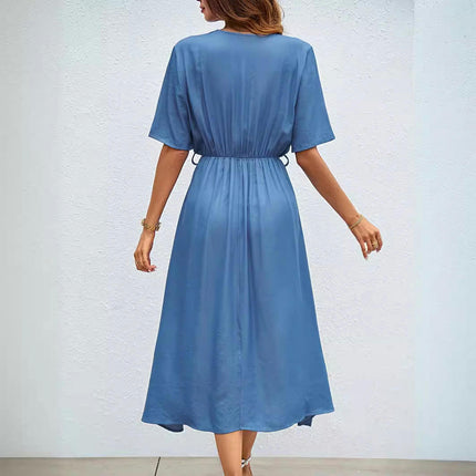 Women's Wrap V Neck Short Sleeve A Line Flowy Long Dress