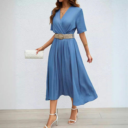 Women's Wrap V Neck Short Sleeve A Line Flowy Long Dress