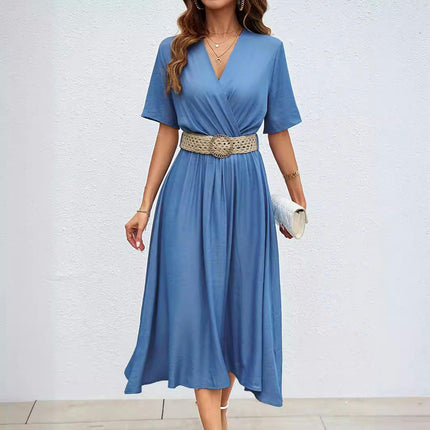 Women's Wrap V Neck Short Sleeve A Line Flowy Long Dress